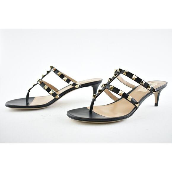 Valentino Rockstud 50 Black Thong Backless Cage Strap Sandal Kitten Heel Pump 37 - Picture 10 of 12
